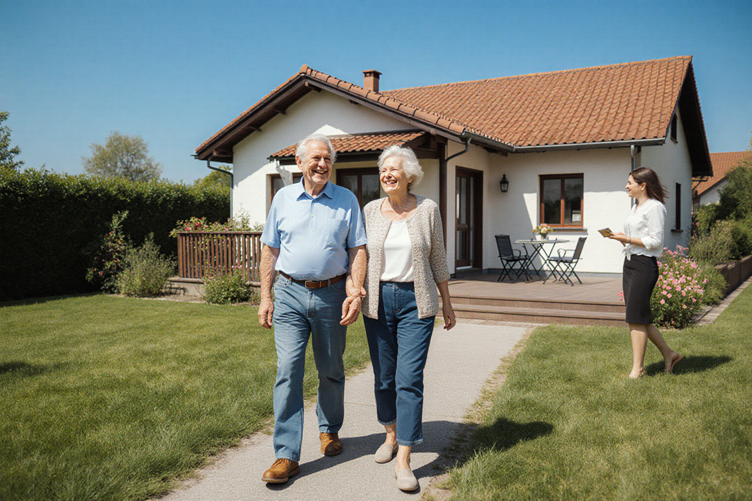 Offener Garten mit normalem kleinen Haus, fröhliches Eigentümerpaar beim Gehen und Ansprechpartnerin in Nebenrolle