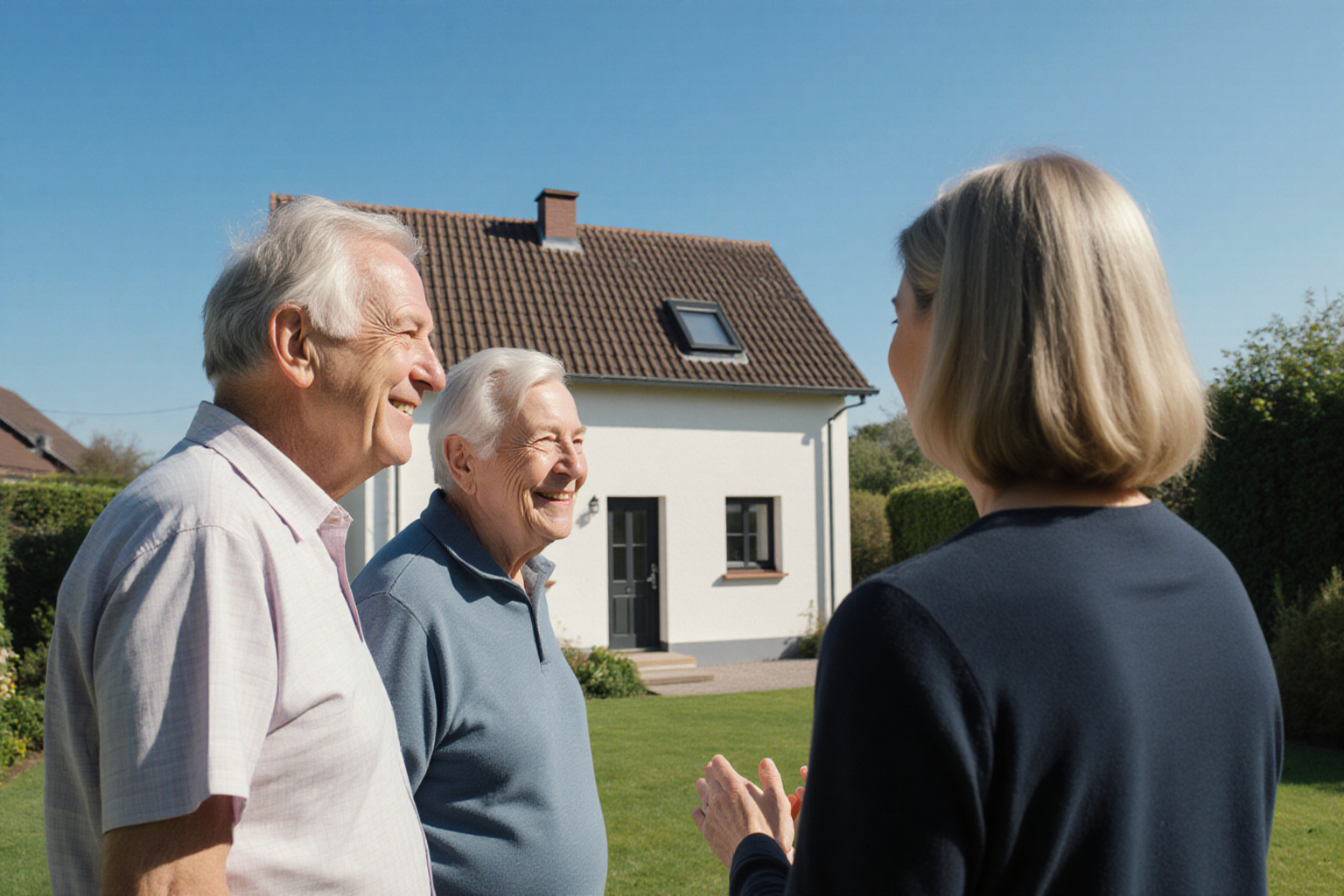 Gemeinsames Gespräch vor einem kleinen Haus mit überschaubarem Garten